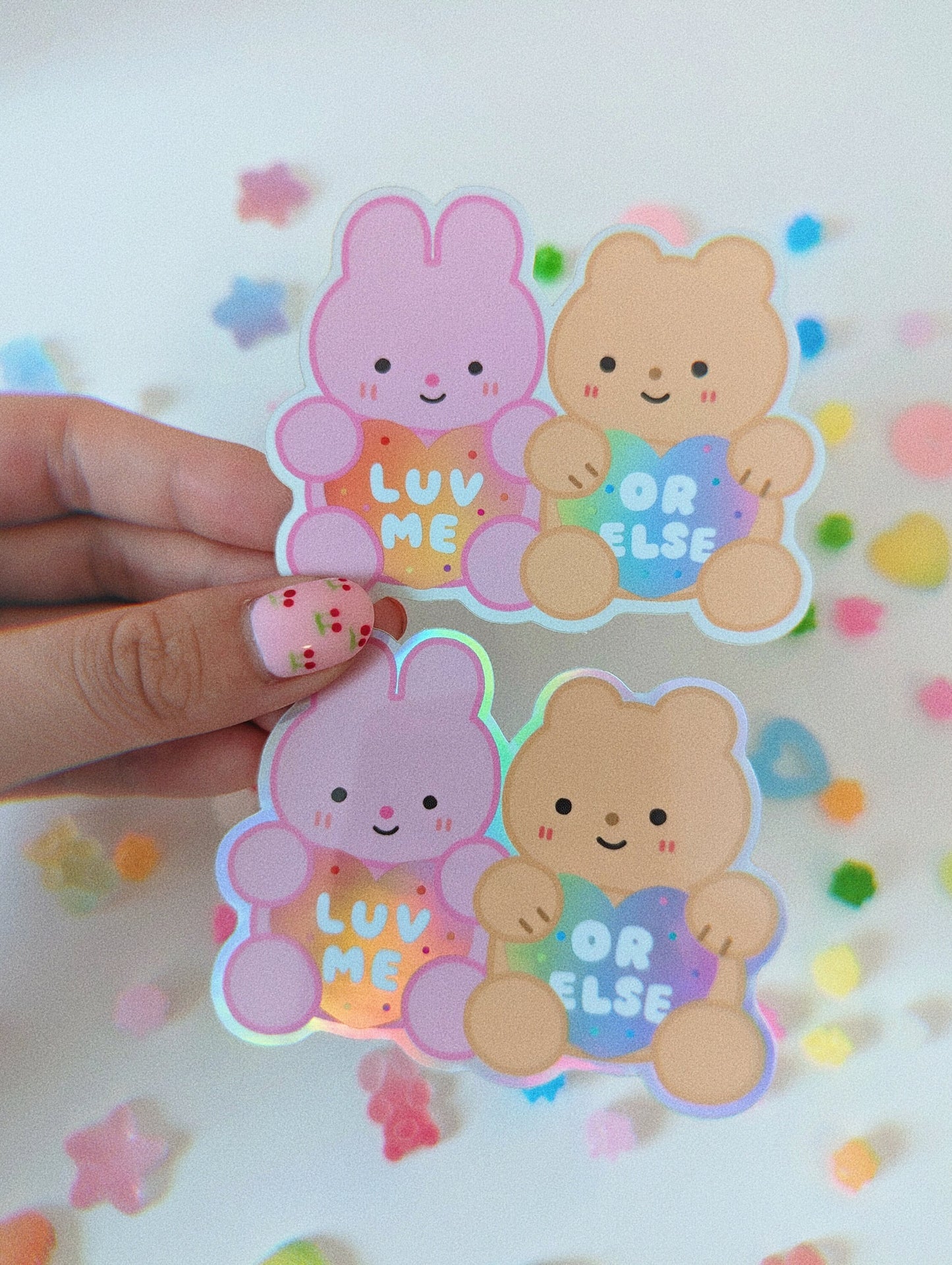 Love Me Or Else Holographic Sticker| Cute Bear and Bunny Holding Rainbow Heart| Perfect Gift for Valentines Day, Anniversary, Birthday