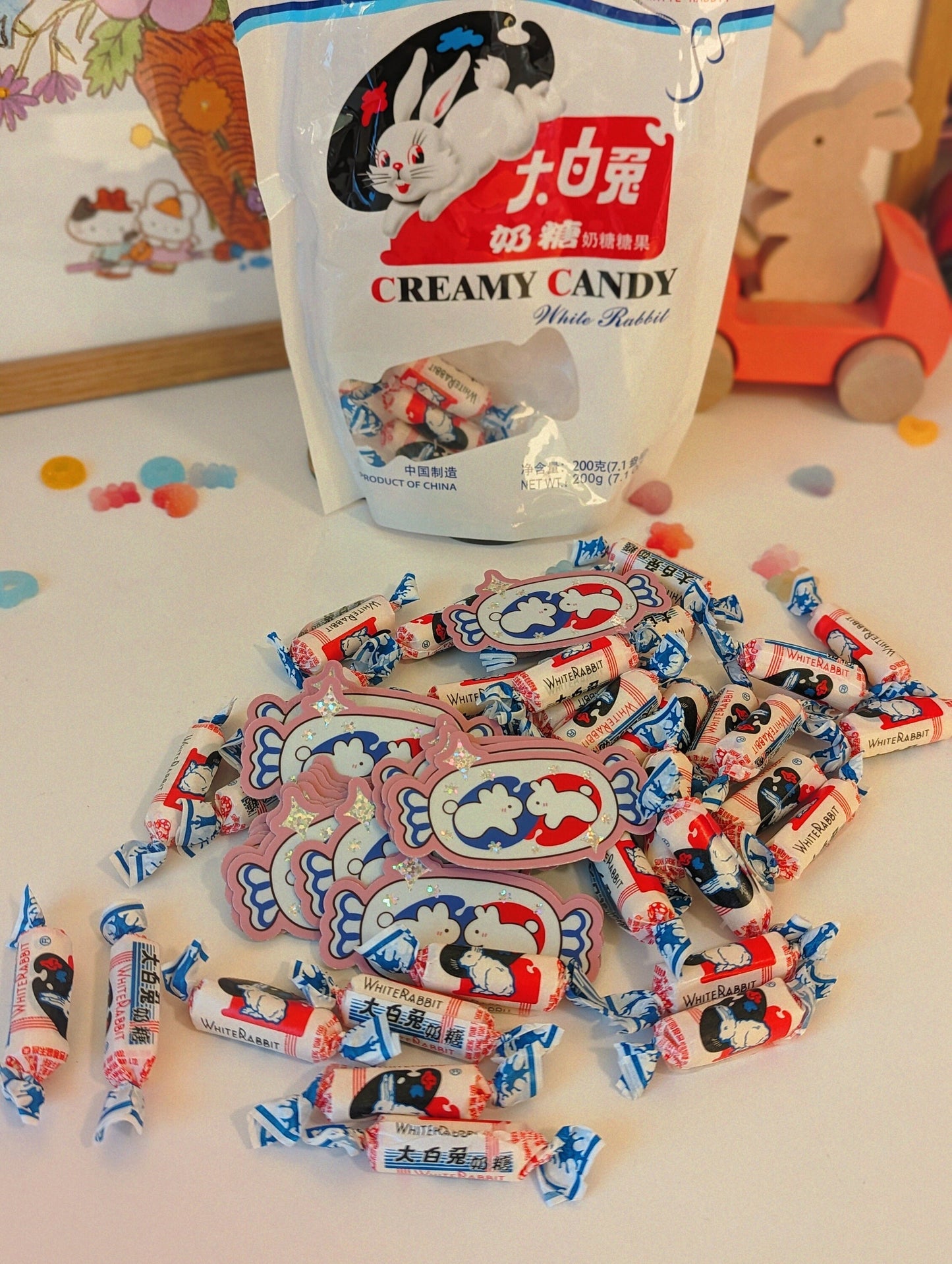 White Rabbit Candy Glitter Sticker| Cute Snow Bunny Chinese Candy| Childhood Milk candies