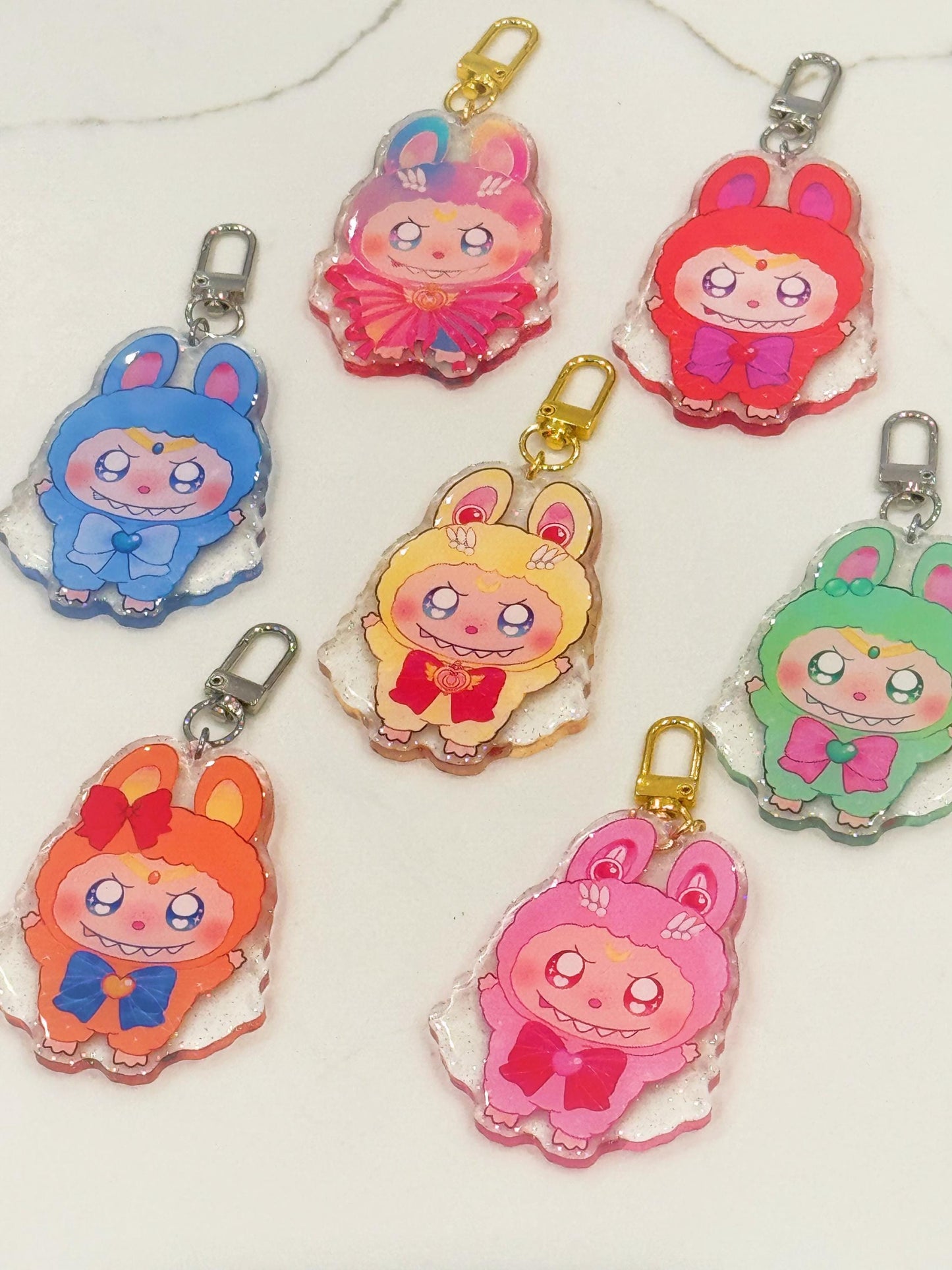Labubu x Sailor Moon Gacha Keychain| RANDOM Lucky Draw Epoxy Glitter Charm w/ Secret| Magical Girl Kawaii Designer Collectible Bag Accessory