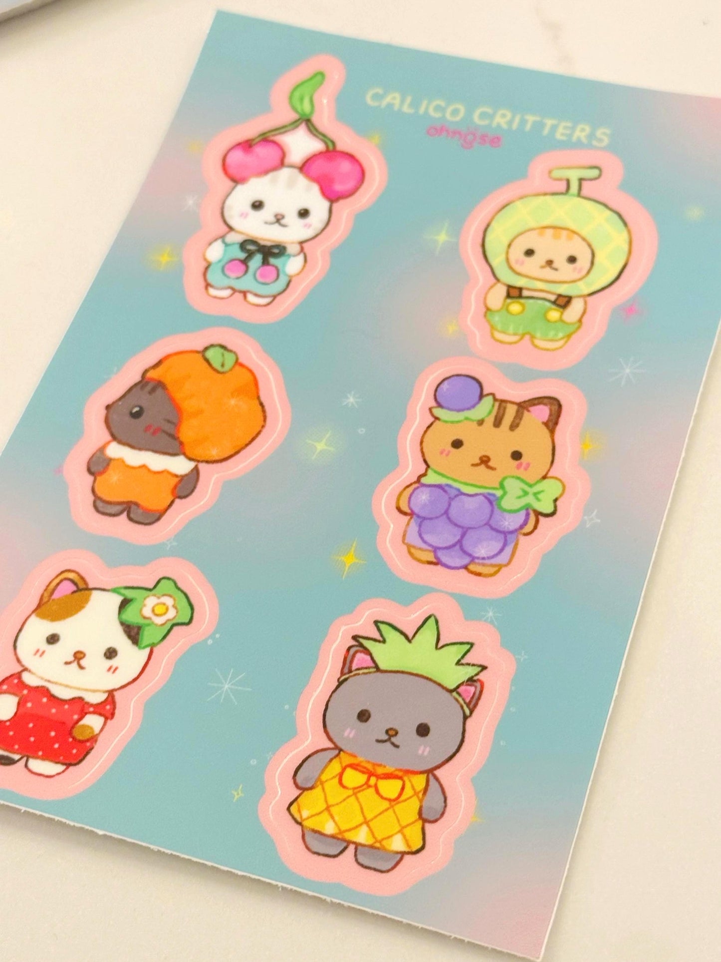 Fruit Calico Critters A6 Waterproof Durable Vinyl Sticker Sheet| Cute Animal Friends| Kawaii Sylvanian Families for Deco Laptop Water bottle
