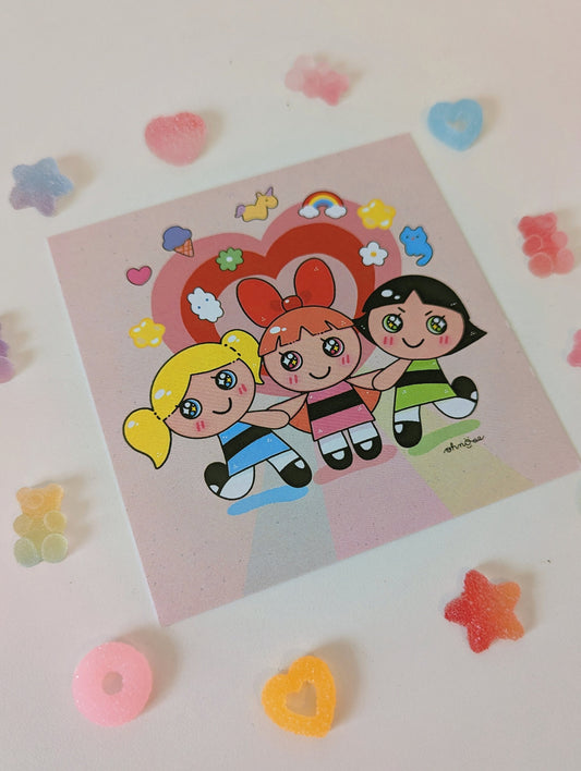 Powerpuff Girls 4x4 MINI SHIMMER Art Print| Bubble Blossoms Buttercup | 90's Design kid nostalgic cartoon| Sugar Spice & Everything Nice