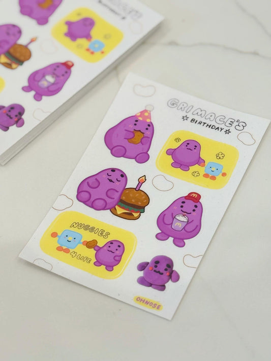 Grimace Birthday Vinyl Waterproof A6 Sticker Sheet | Grimace Shake, Nuggies, Burger Fries| McDonald's Character Fast Food Cute Stickers