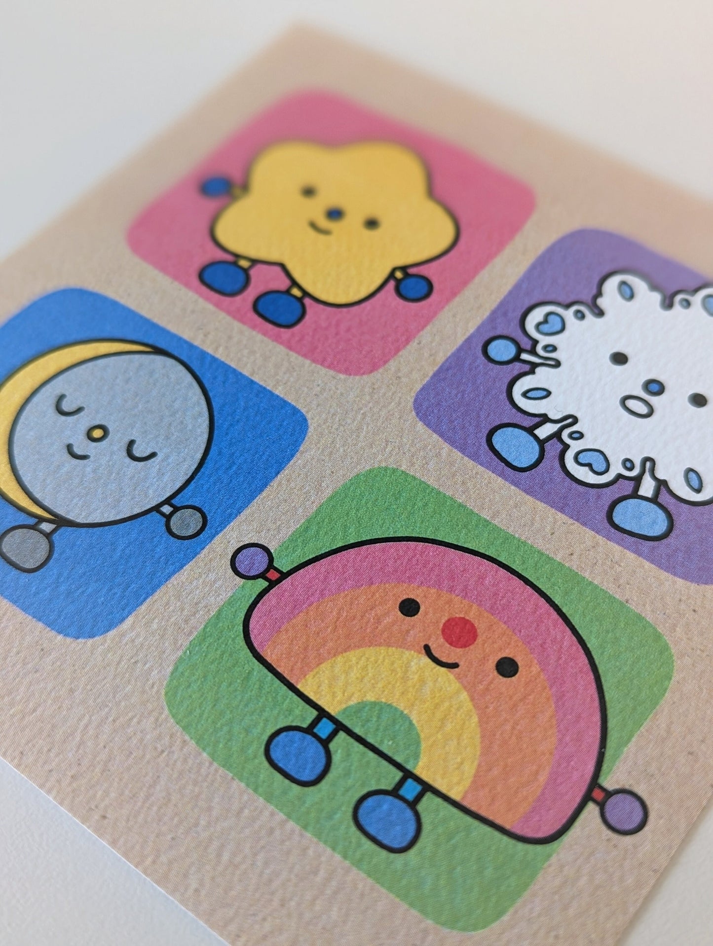 Moon & Element Friends 4x4" MINI Art Print / Star, Snowflake, Moon, and Rainbow Cute Artwork