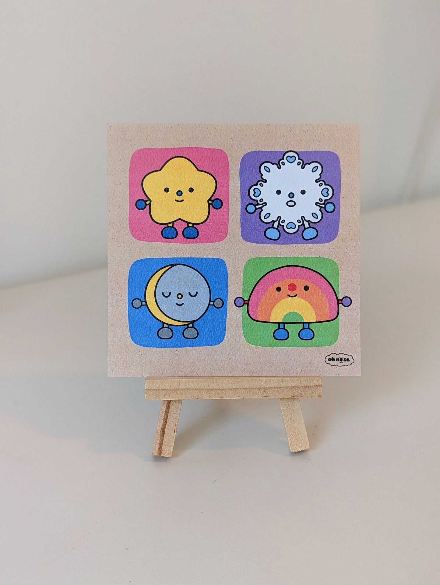 Moon & Element Friends 4x4" MINI Art Print / Star, Snowflake, Moon, and Rainbow Cute Artwork