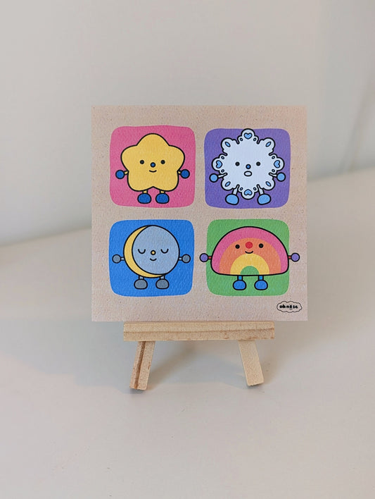 Moon & Element Friends 4x4" MINI Art Print / Star, Snowflake, Moon, and Rainbow Cute Artwork