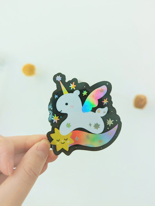 Rainbow Pegasus Holographic Sticker| Flying Unicorn with iridescent sparkles| Water-Resistant| Cute Magical Creature