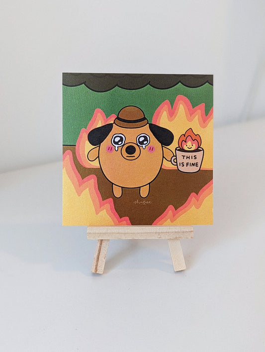 This is Fine SHIMMER 4x4 Mini Print| Meme This is Fine Dog in Burning House Decor| Funny Art Dog Print| Cute Meme