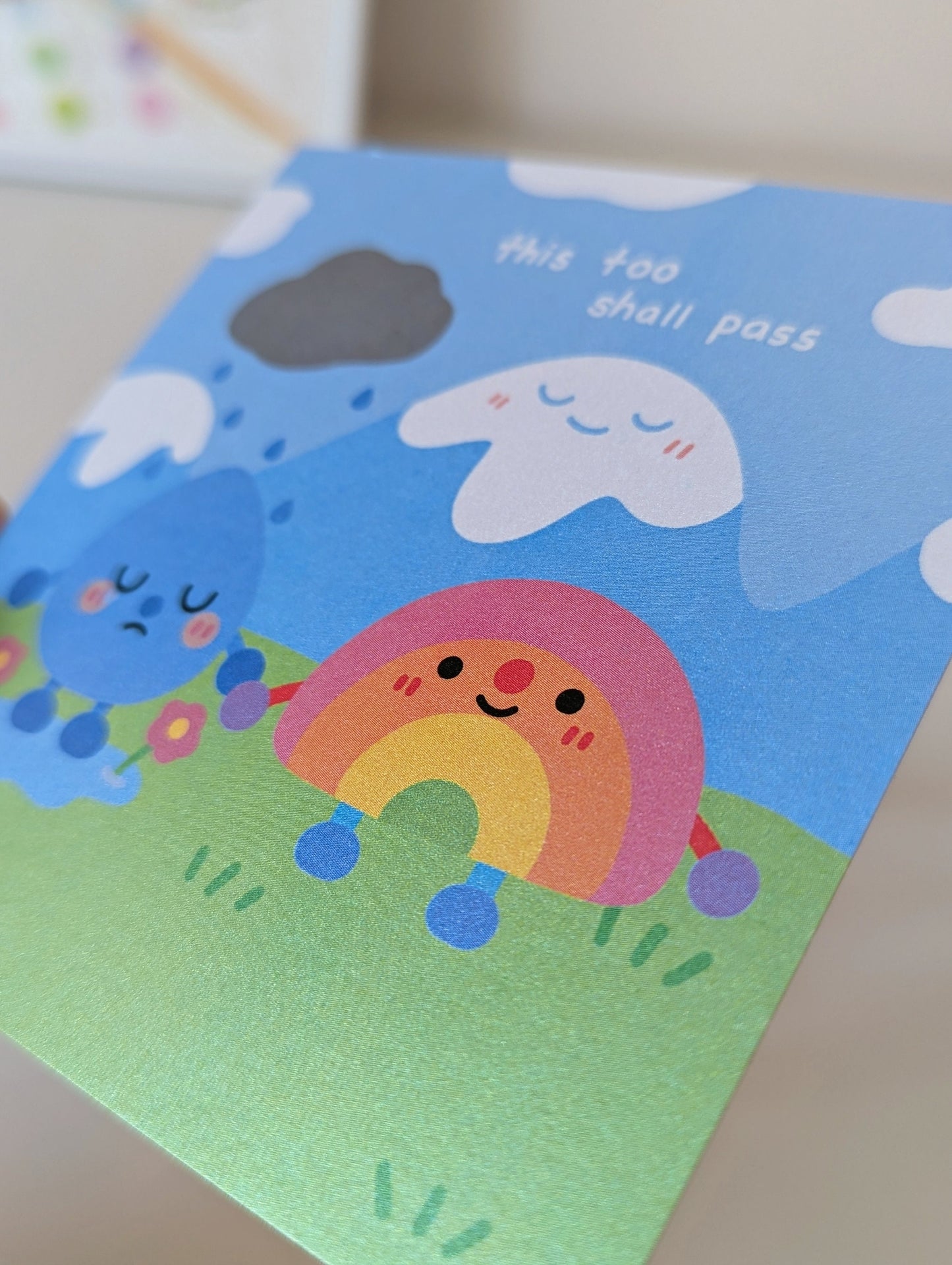 This Too Shall Pass 4x4" MINI Shimmer Art Print / Rainbow and Rain Holding Hands, Gentle Mental Health Reminder
