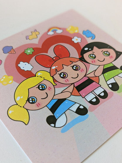 Powerpuff Girls 4x4 MINI SHIMMER Art Print| Bubble Blossoms Buttercup | 90's Design kid nostalgic cartoon| Sugar Spice & Everything Nice