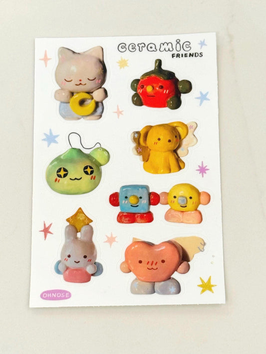 Ceramic Friends A6 Waterproof Durable Vinyl Sticker Sheet| Cute Little Guys Artwork| Perfect for Waterbottles Gifts Laptops| Animal &Friends