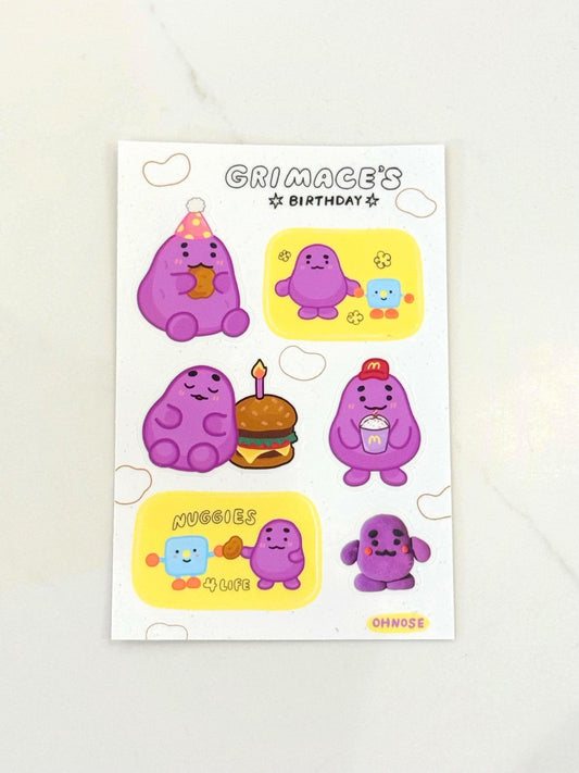 Grimace Birthday Vinyl Waterproof A6 Sticker Sheet | Grimace Shake, Nuggies, Burger Fries| McDonald's Character Fast Food Cute Stickers