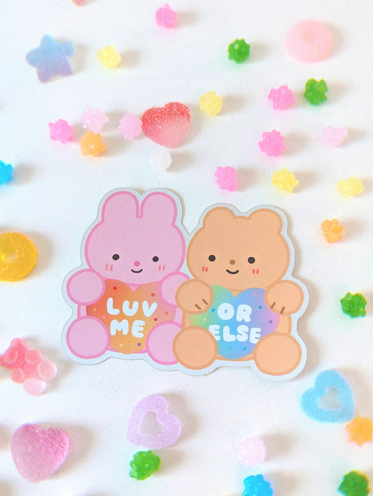 Love Me Or Else Holographic Sticker| Cute Bear and Bunny Holding Rainbow Heart| Perfect Gift for Valentines Day, Anniversary, Birthday
