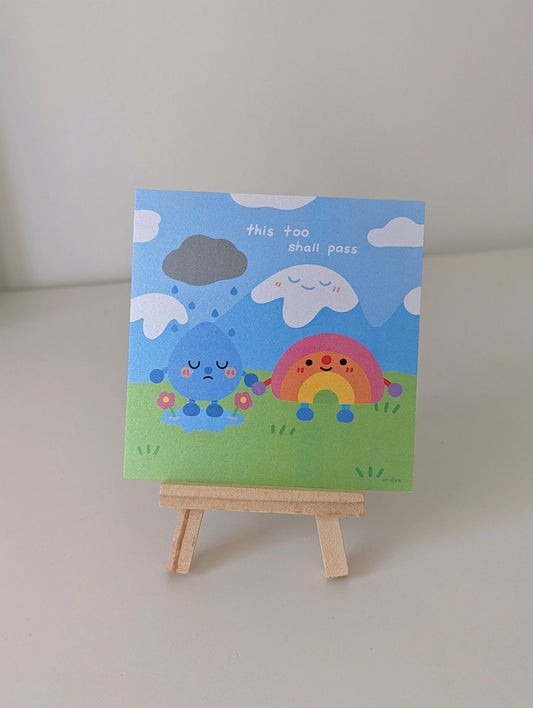 This Too Shall Pass 4x4" MINI Shimmer Art Print / Rainbow and Rain Holding Hands, Gentle Mental Health Reminder