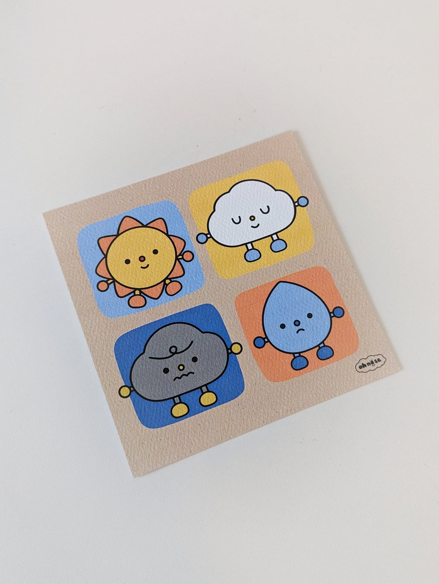 Sun & Weather Friends 4x4" MINI Art Print / Happy Sun, Peaceful Cloud, Grumpy Raincloud, and Sad Raindrop Cute Artwork