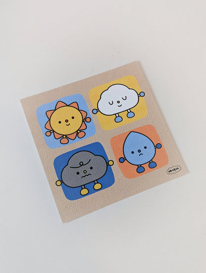 Sun & Weather Friends 4x4" MINI Art Print / Happy Sun, Peaceful Cloud, Grumpy Raincloud, and Sad Raindrop Cute Artwork