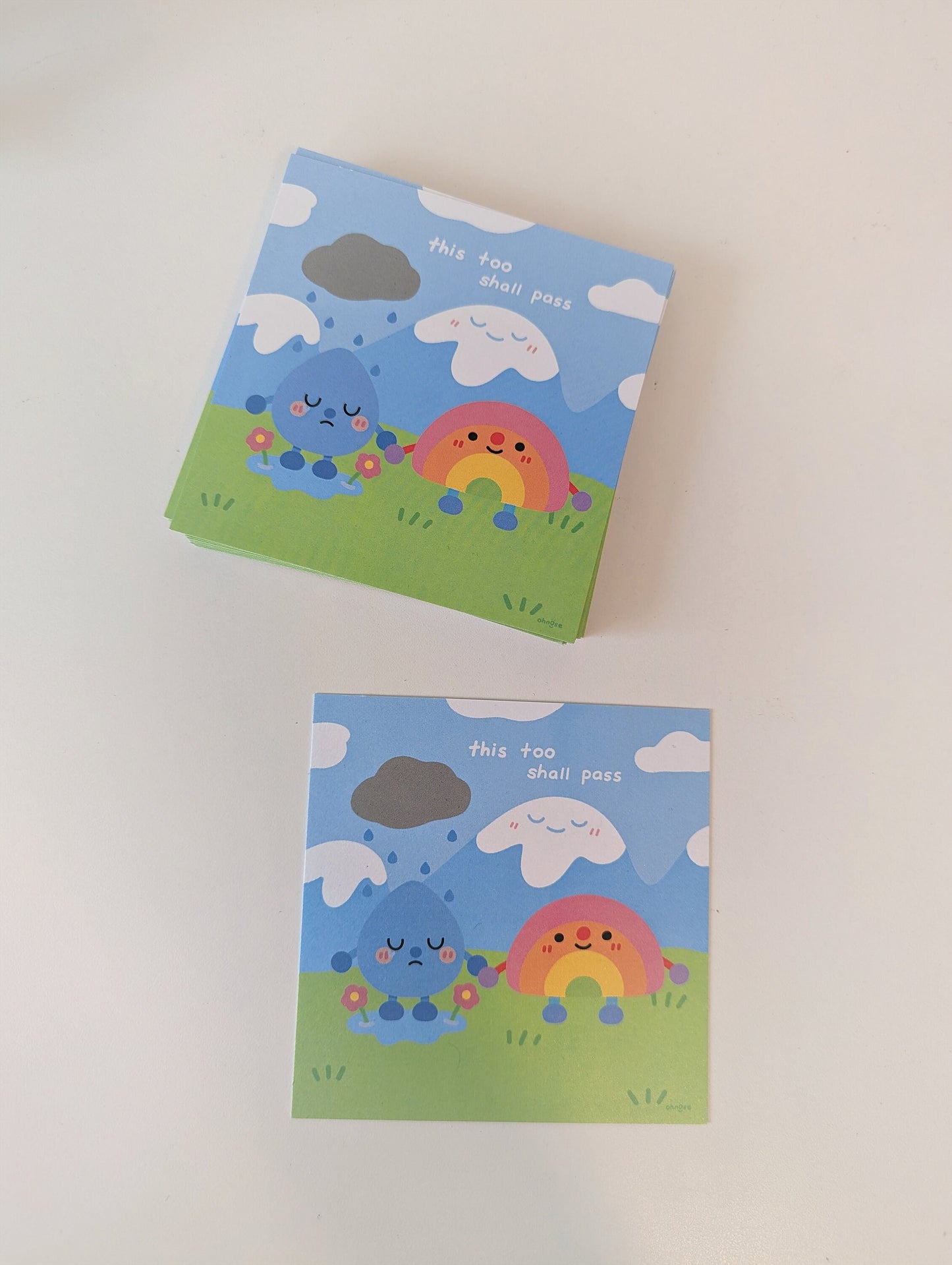 This Too Shall Pass 4x4" MINI Shimmer Art Print / Rainbow and Rain Holding Hands, Gentle Mental Health Reminder