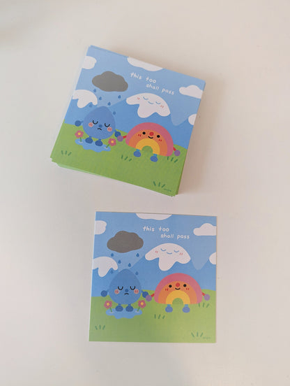 This Too Shall Pass 4x4" MINI Shimmer Art Print / Rainbow and Rain Holding Hands, Gentle Mental Health Reminder