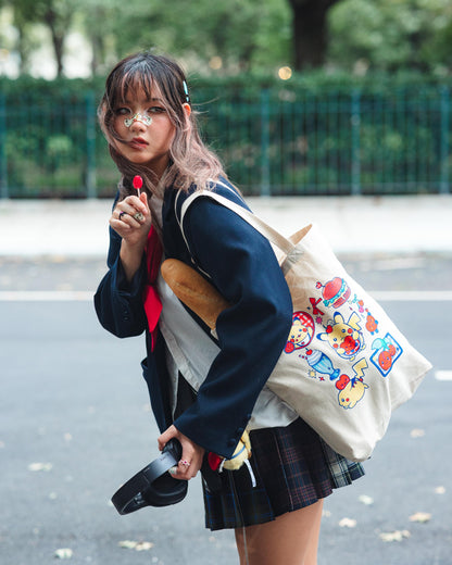 Pikachu Diner Sturdy Canvas Tote Bag| Cute Pokemon Japanese Anime Inspired 100% Cotton Bag| Kawaii Pocket Monster Milkshake Burger Retro 90s