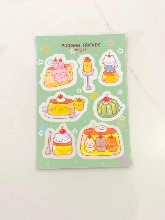 Pudding Friends A6 Durable Waterproof Vinyl Sticker Sheet| Cute Sweets Illustration & Little Guys Artwork| Waterbottles Gifts Laptops