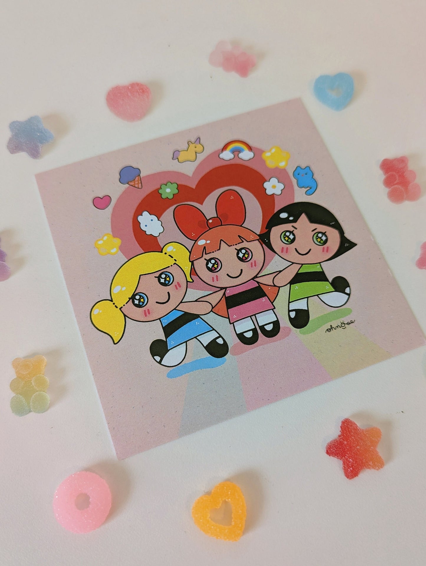 Powerpuff Girls 4x4 MINI SHIMMER Art Print| Bubble Blossoms Buttercup | 90's Design kid nostalgic cartoon| Sugar Spice & Everything Nice