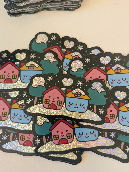 Winter Homey Sticker| Snowy Houses Sticker| Cozy Winter, Glitter Water-Resistant Sticker Perfect for Laptops, Water Bottles, Journaling