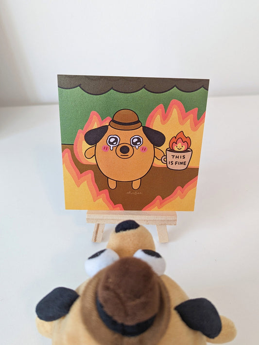 This is Fine SHIMMER 4x4 Mini Print| Meme This is Fine Dog in Burning House Decor| Funny Art Dog Print| Cute Meme