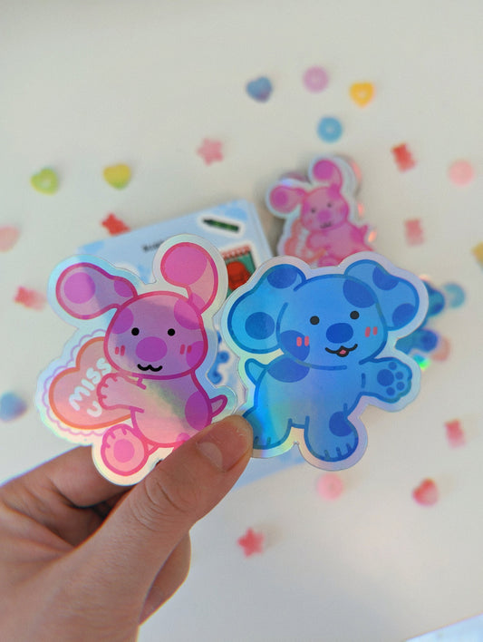 Blue + Magenta Holographic Sticker BUNDLE & Save / Blue's Clues, nostalgic gifts, childhood, cartoon dog, Laminated Vinyl Laptop Sticker