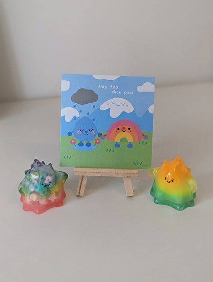 This Too Shall Pass 4x4" MINI Shimmer Art Print / Rainbow and Rain Holding Hands, Gentle Mental Health Reminder