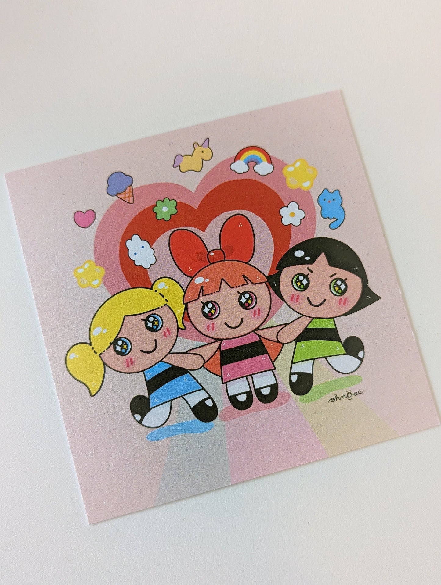 Powerpuff Girls 4x4 MINI SHIMMER Art Print| Bubble Blossoms Buttercup | 90's Design kid nostalgic cartoon| Sugar Spice & Everything Nice
