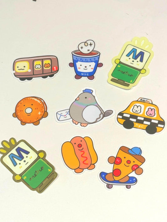 NYC Vinyl Sticker Bundle Deal | 9 Cute New York City Stickers| MTA Pigeon Subway Pizza Taxi Bagel Coffee Pizza Train Lamp | Waterproof Matte