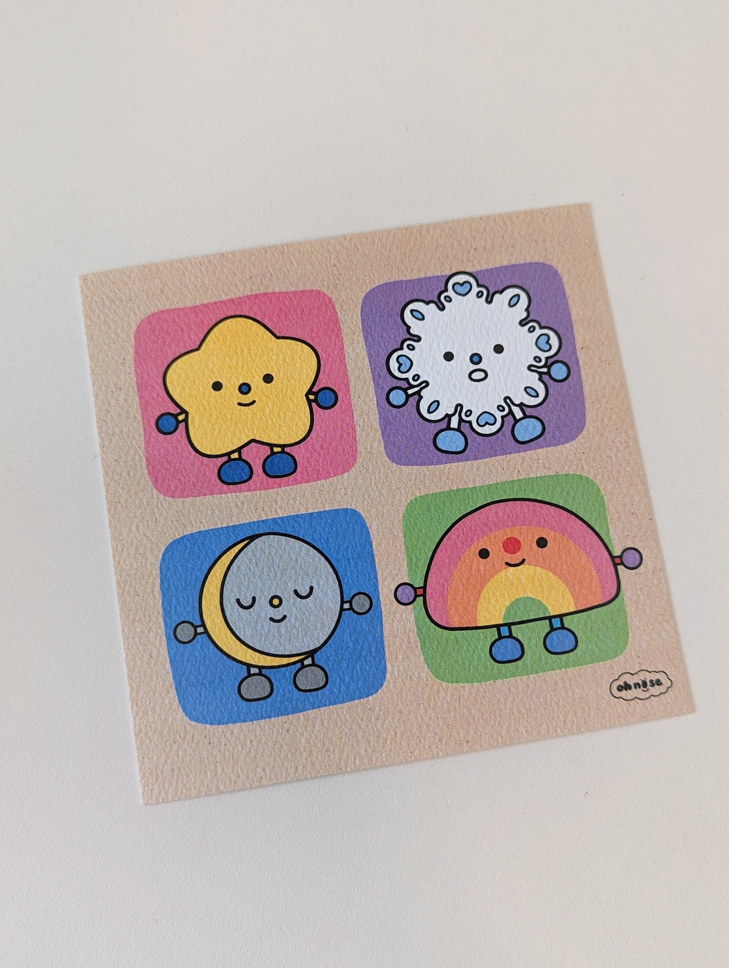 Moon & Element Friends 4x4" MINI Art Print / Star, Snowflake, Moon, and Rainbow Cute Artwork