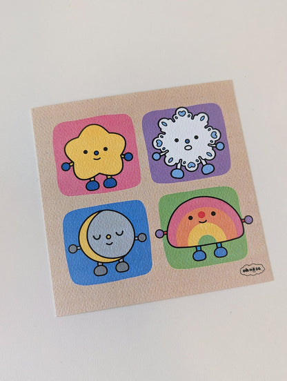 Moon & Element Friends 4x4" MINI Art Print / Star, Snowflake, Moon, and Rainbow Cute Artwork