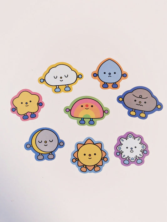 Mixed Emotions Weather & Celestial Friends Stickers| Sun, Moon, Star, Raindrop, Grumpy + Peaceful Cloud, Rainbow, Snowflake| Metallic Matte