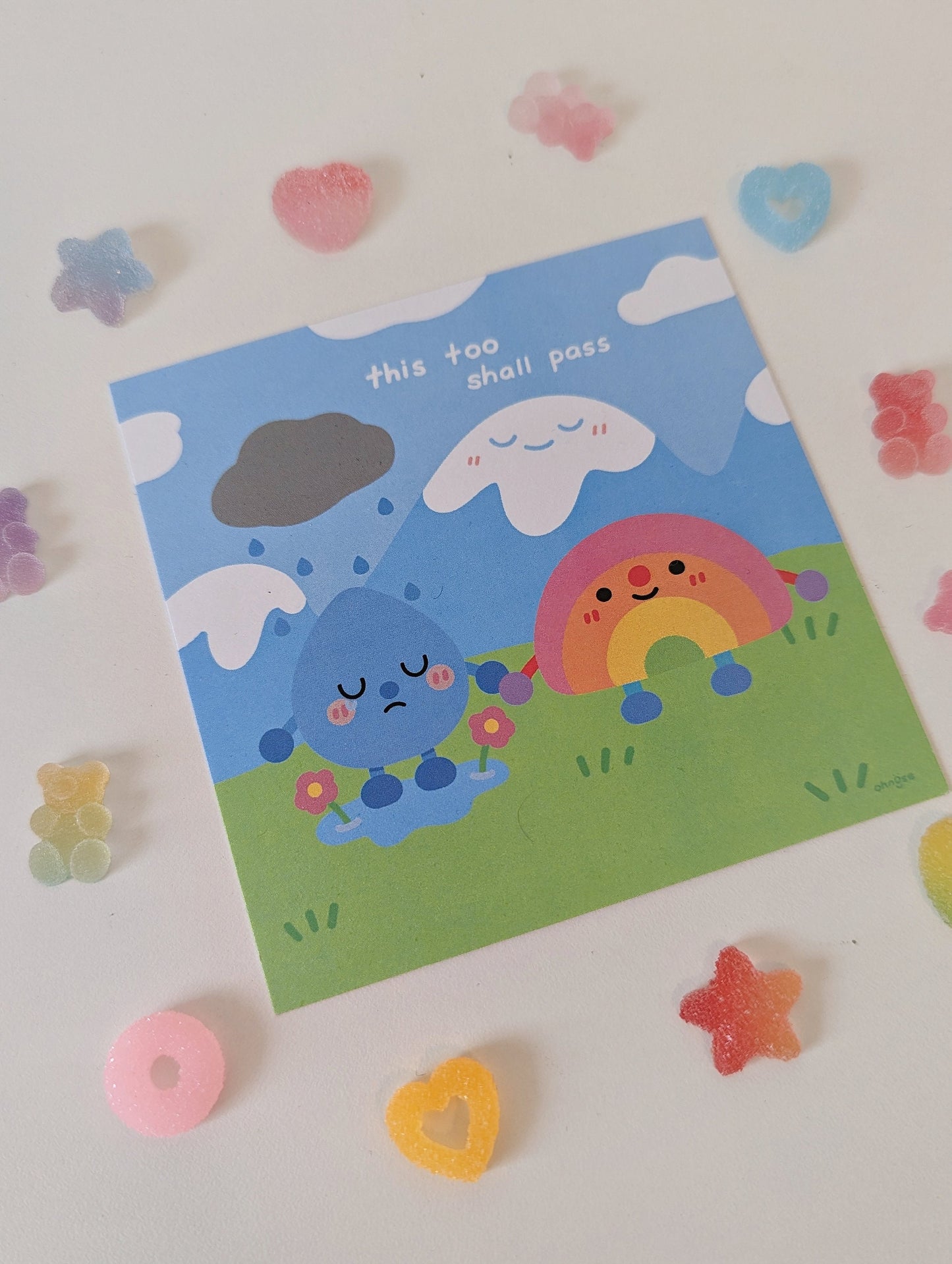 This Too Shall Pass 4x4" MINI Shimmer Art Print / Rainbow and Rain Holding Hands, Gentle Mental Health Reminder