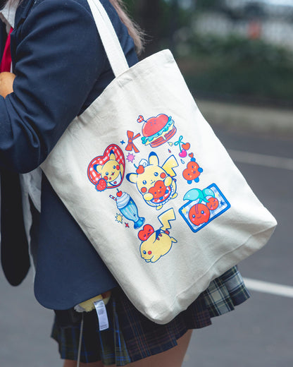 Pikachu Diner Sturdy Canvas Tote Bag| Cute Pokemon Japanese Anime Inspired 100% Cotton Bag| Kawaii Pocket Monster Milkshake Burger Retro 90s